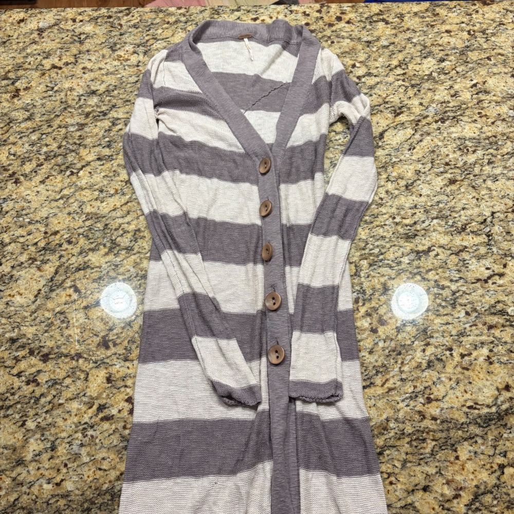 Free People Longline Striped Cardigan Sweater Grey Cream Duster XS